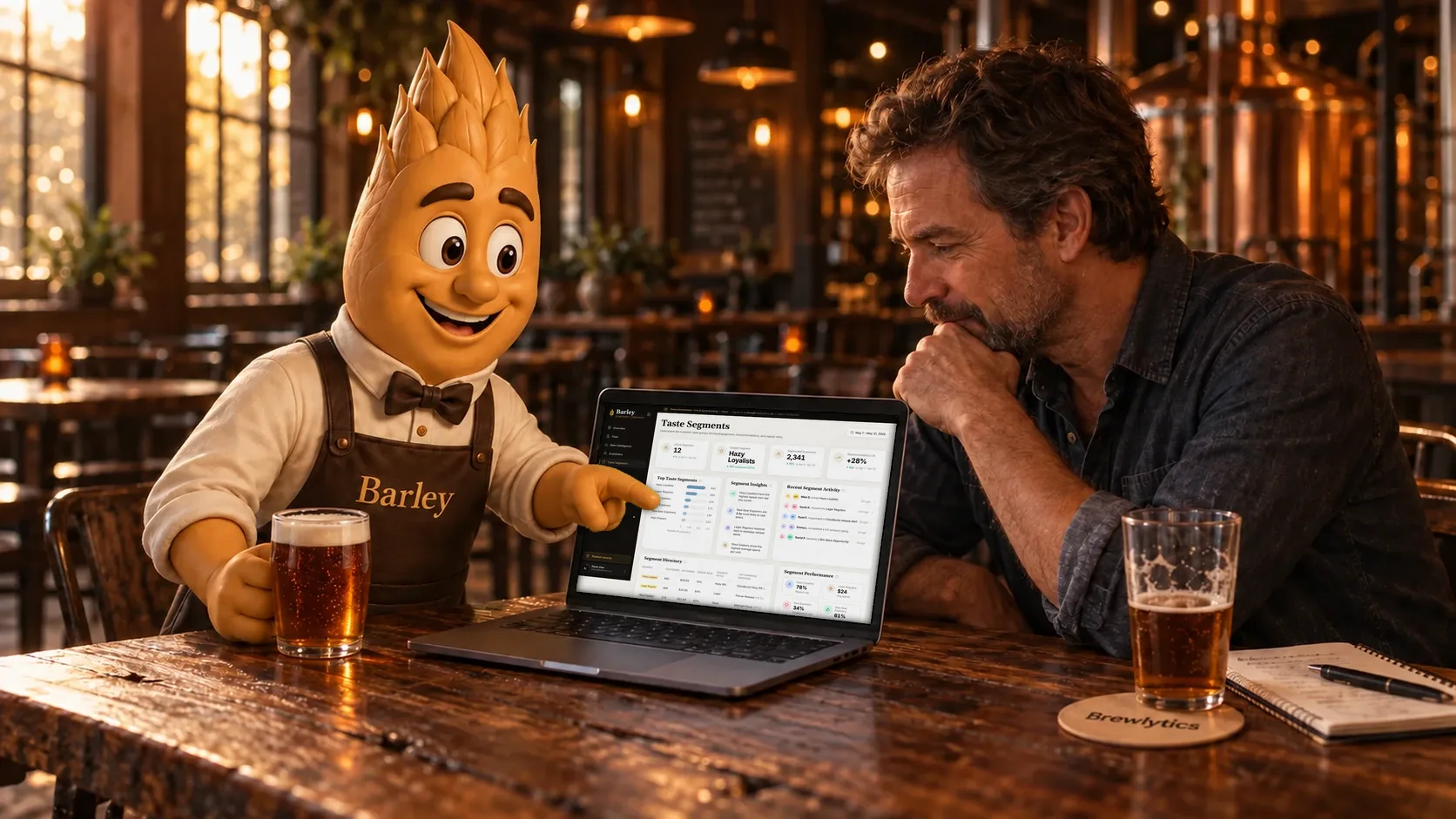 Barley points at a laptop showing the Brewlytics Taste Segments page while a brewery owner studies it: active segments, the largest segment, segmented customers and recommended actions.