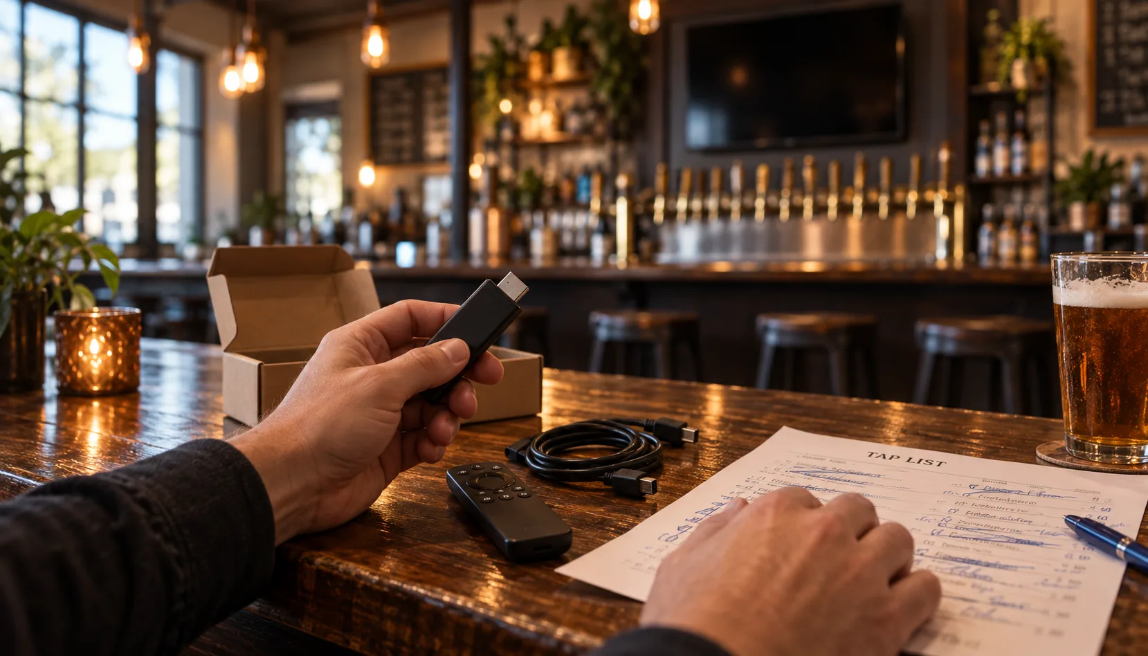 A brewery owner's hands on a dark bar top at opening time, one holding a small streaming stick just out of its plain cardboard box beside a coiled HDMI cable and a marked-up paper tap list, with a switched-off TV above the back bar far out of focus behind.