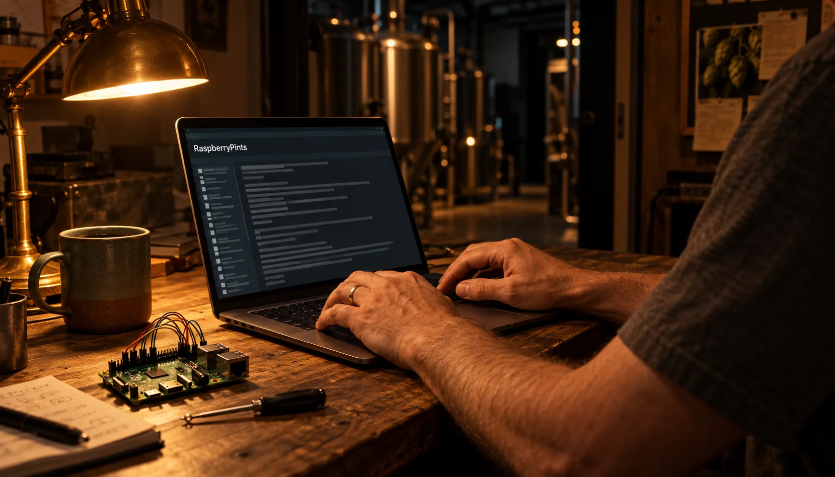 A brewery owner's hands on a laptop keyboard late at night in a back office, the screen showing a code repository page headed RaspberryPints, with a bare Raspberry Pi board and jumper wires on the desk beside it under a brass lamp.