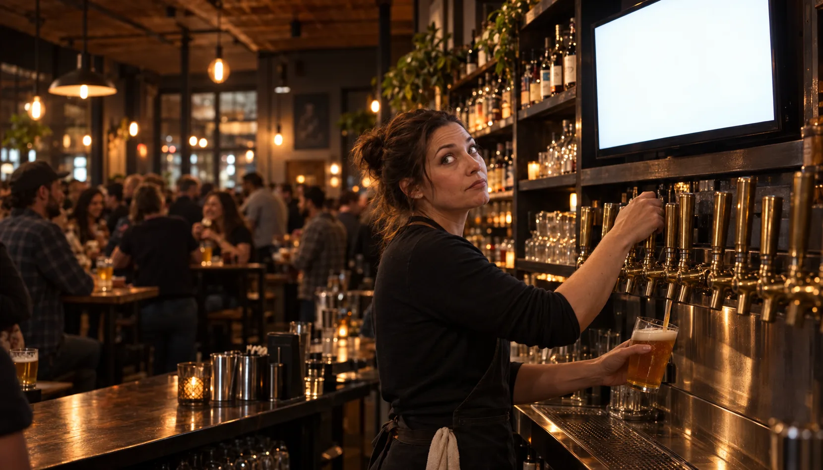 A bartender pouring a pint in a packed taproom on a Friday night, glancing up over her shoulder with a resigned look at the blank white screen of the dead menu TV above the back bar.