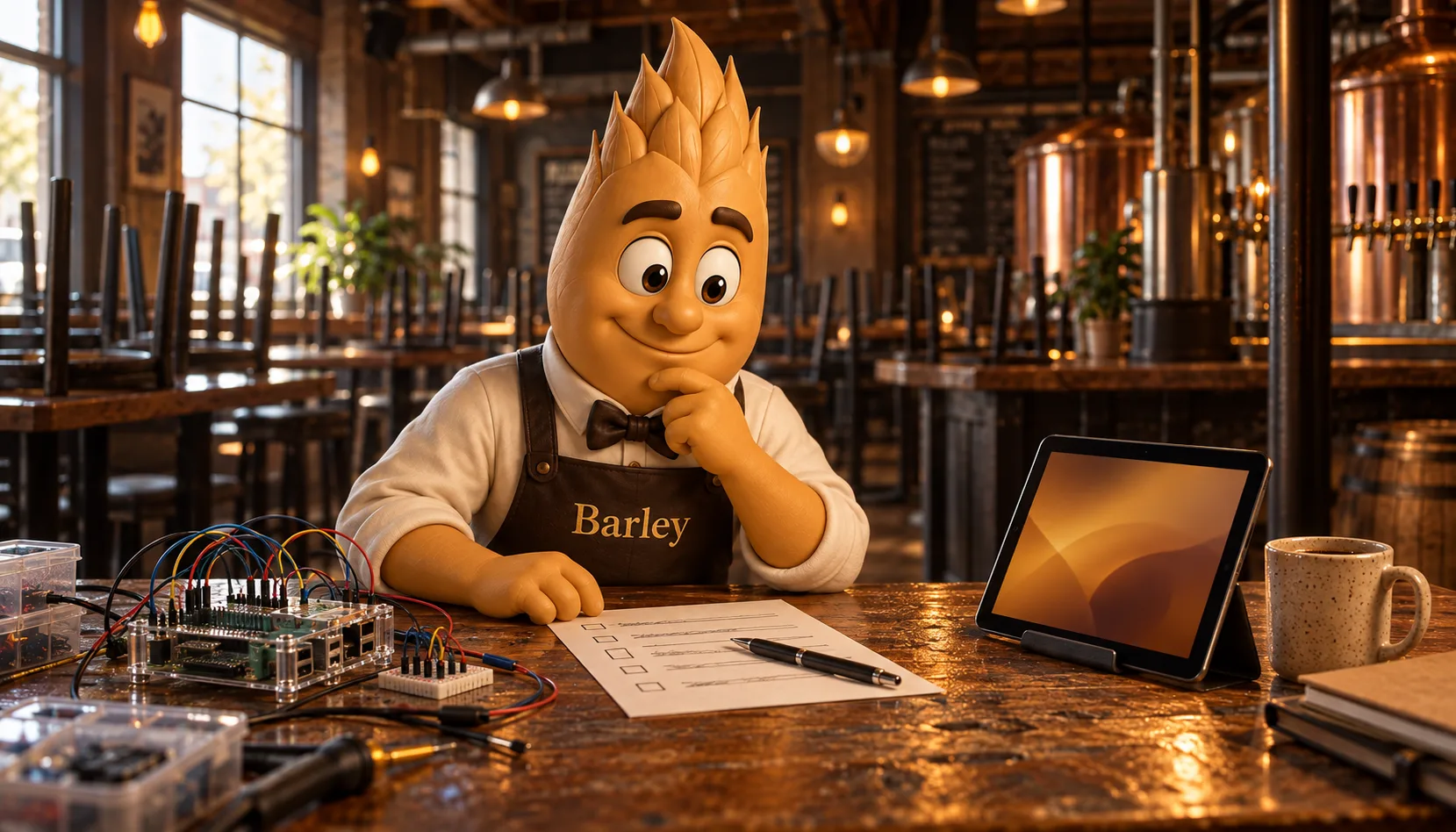 Barley sits at a table in an empty taproom in the morning with the chairs still up, one hand under his chin, weighing a wired-up Raspberry Pi board on his left against a tablet on his right, a printed checklist and pen between them.