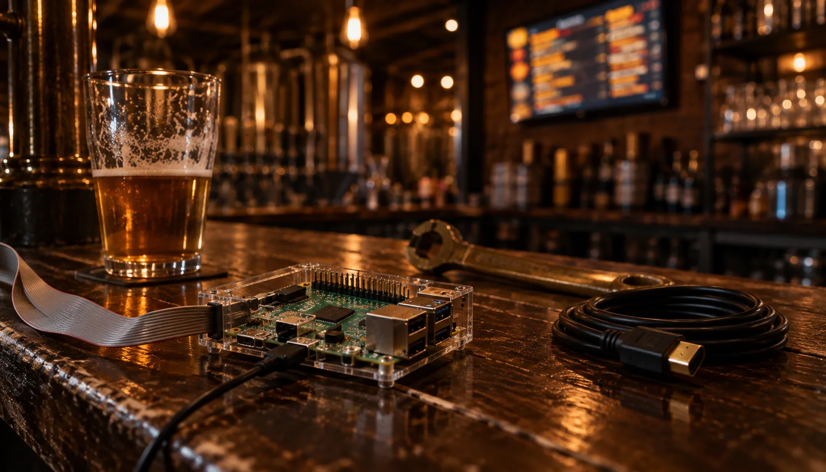 A Raspberry Pi board in a clear case on the dark wood of a brewery back bar at night, a ribbon cable trailing off it and a coiled HDMI cable and brass keg wrench beside it, with a glowing tap-list screen far out of focus behind.