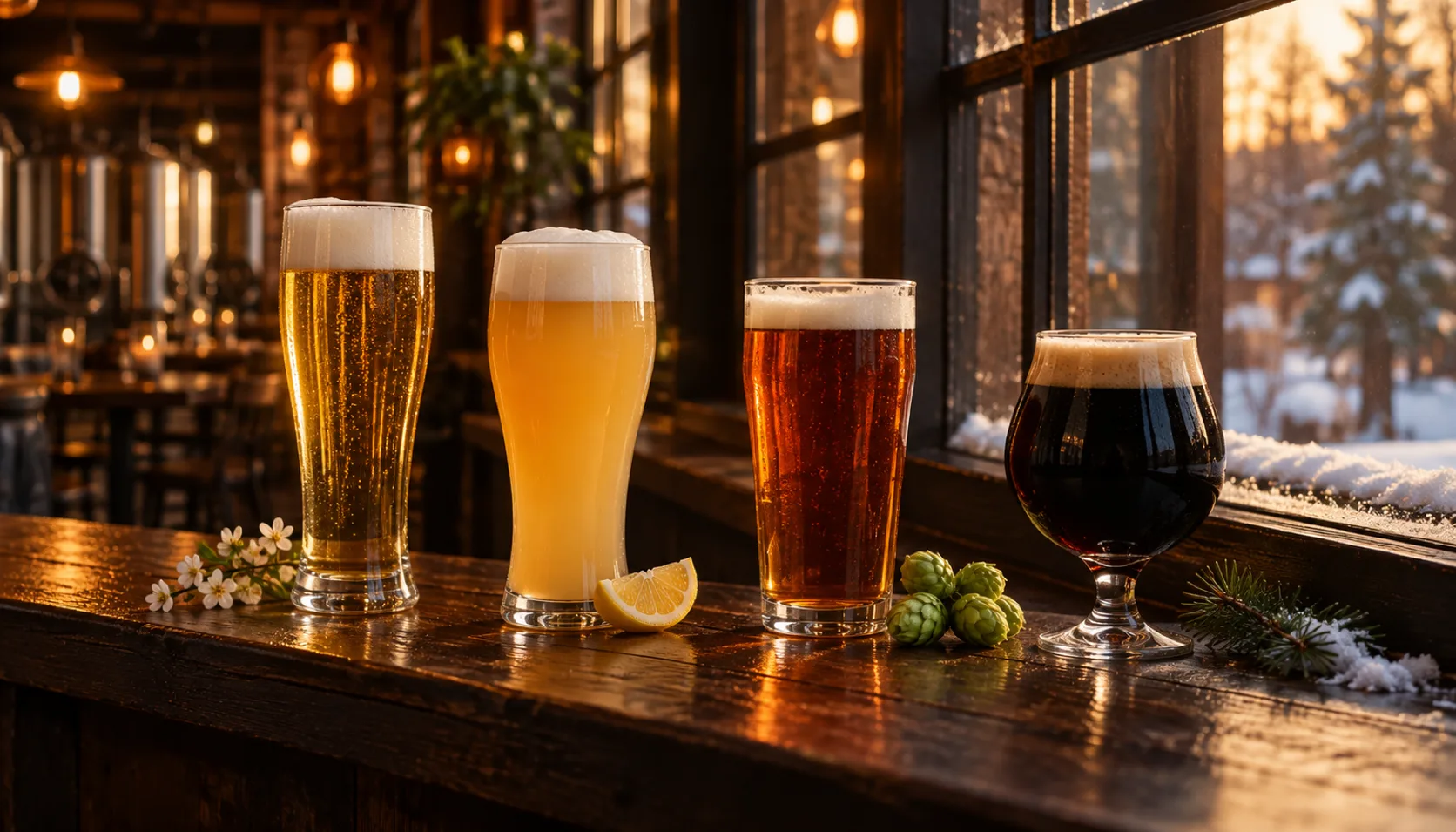 Four beers lined up on a wooden window ledge from pale pilsner to hazy wheat beer to amber lager to black stout, each beside a spring blossom, a lemon wedge, fresh hop cones and a snowy pine sprig.
