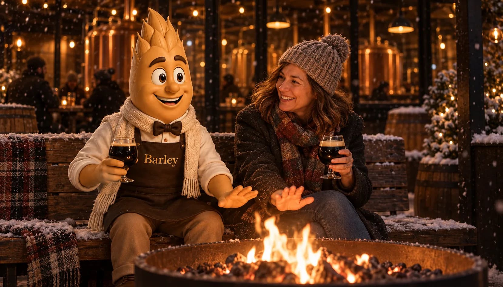 Barley and a woman in a knit hat and wool coat share a bench by a patio fire pit in falling snow, each holding a small snifter of black imperial stout and warming a hand toward the flames.