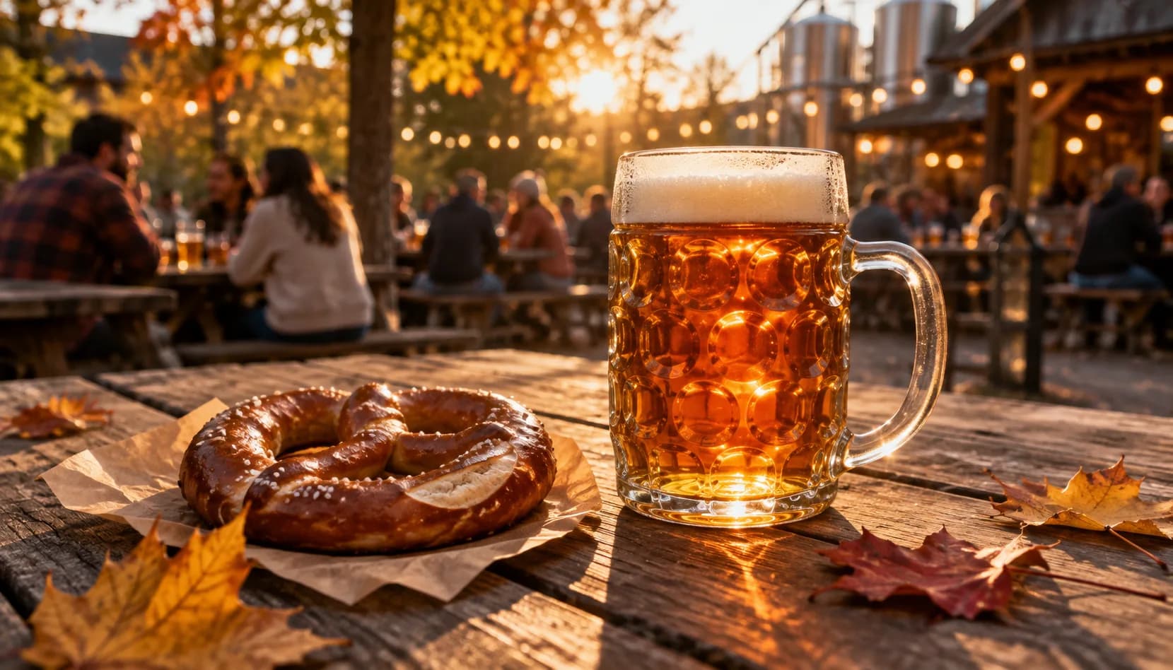 A dimpled mug of copper-amber Oktoberfest lager beside a salted soft pretzel on a weathered picnic table scattered with maple leaves, with a busy beer garden glowing in low autumn sun behind.