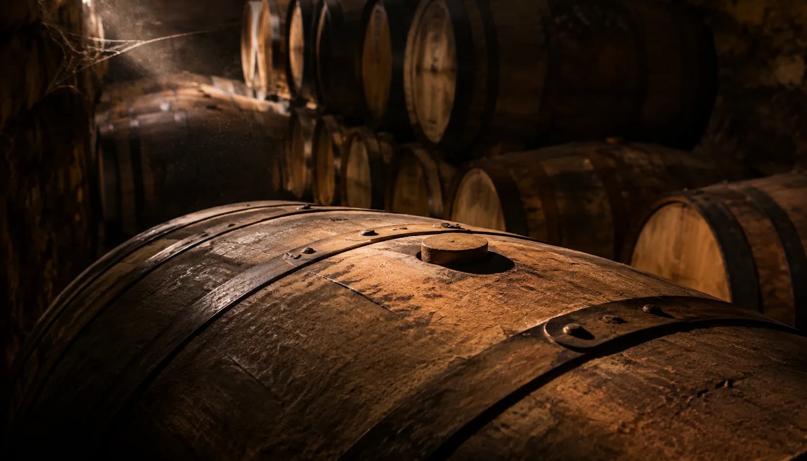 A dim barrel cellar with rows of oak barrels receding into shadow, the nearest barrel lit by a shaft of warm light across its wooden bung.
