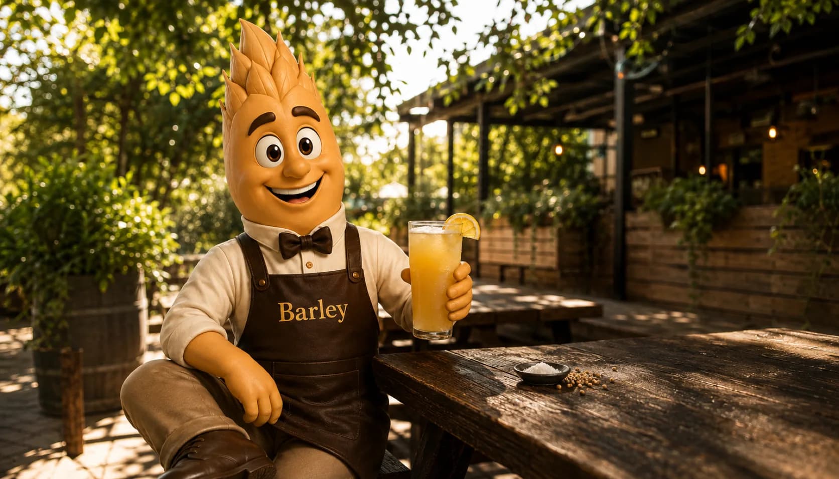 Barley sits at a sunlit taproom picnic table holding a tall glass of hazy pale beer with a lemon wedge on the rim, a small dish of salt and scattered coriander seeds on the table beside him.