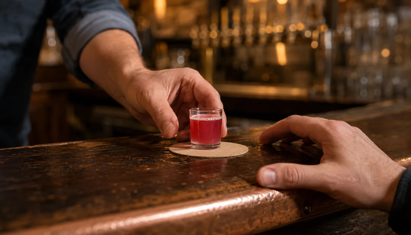 A bartender's hand sets a one-ounce taster of bright pink beer onto a coaster on a copper-edged bar rail as a guest's hand waits beside it.