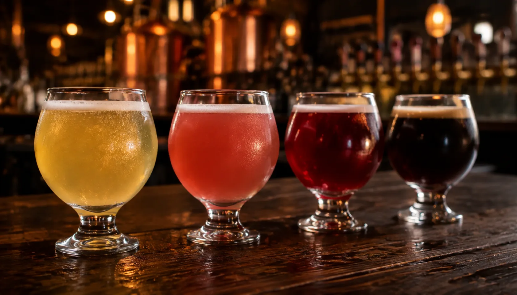 Four small taster glasses stand in a backlit row on a dark bar top, running from pale straw through cloudy pink and deep ruby to near black.