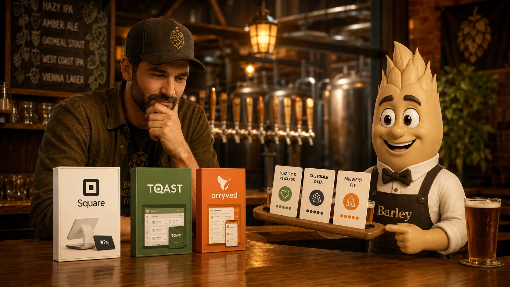 A brewery owner studying three boxed-up POS products — Square, Toast, and Arryved — while Barley the AI bartender mascot holds a tray with three voting cards labeled 'Loyalty & Rewards,' 'Customer Data,' and 'Brewery Fit.'