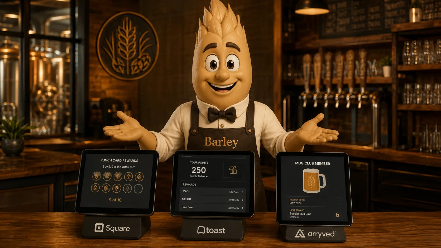 Barley the AI bartender mascot at the bar, behind three POS terminals side by side — Square (showing a punch-card rewards layout "5 of 10"), Toast (showing a 250-point member screen with $5 / $10 / Free Beer redemption tiers), and Arryved (showing a "Mug Club Member" screen with a beer mug and member benefits). Each POS's native loyalty engine in one frame.
