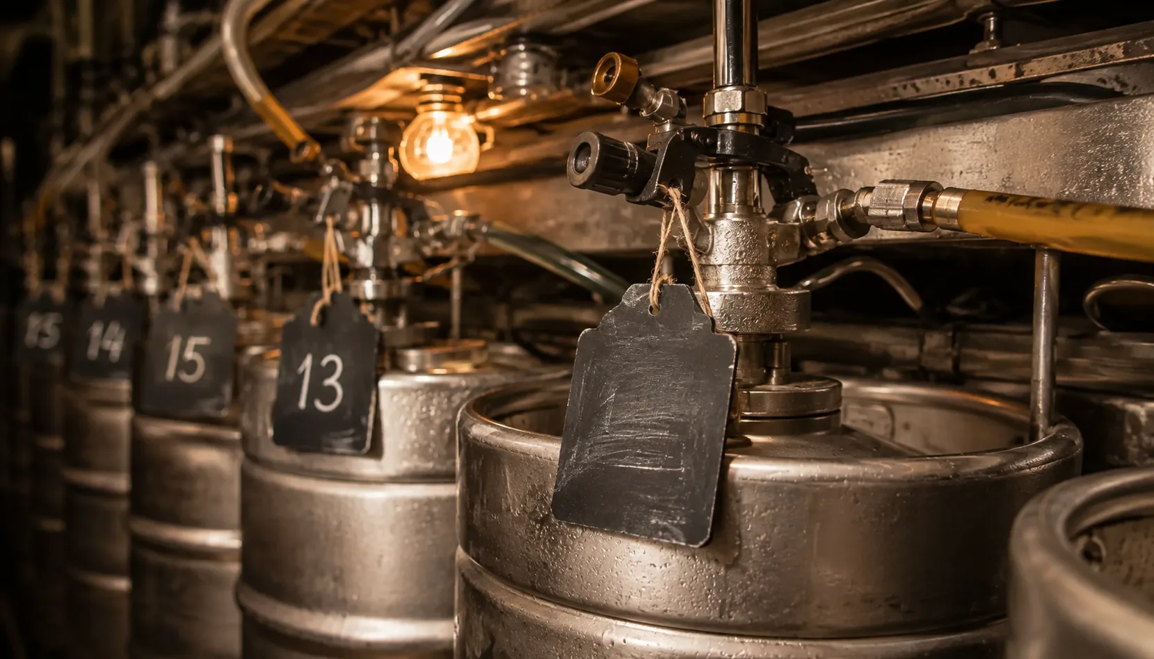 A row of kegs on a cellar rack, each with a chalked numbered tag hanging from the coupler, one tag wiped blank under a bare bulb.