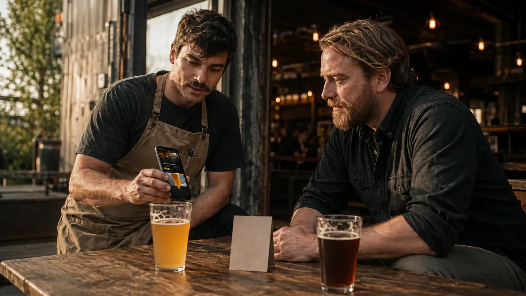 A bartender leans over a patio table to show a guest the Pine & Barrel Brewing page in the Barley app, with what is on tap now.