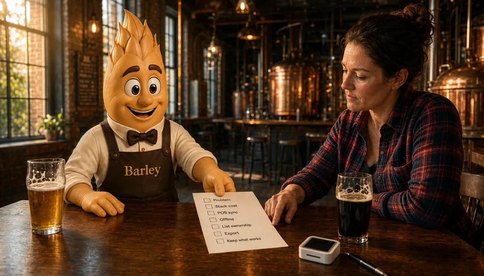 Barley sits across a wooden table from a woman in a plaid flannel shirt, sliding a printed checklist toward her in a window-lit taproom with copper tanks behind them.