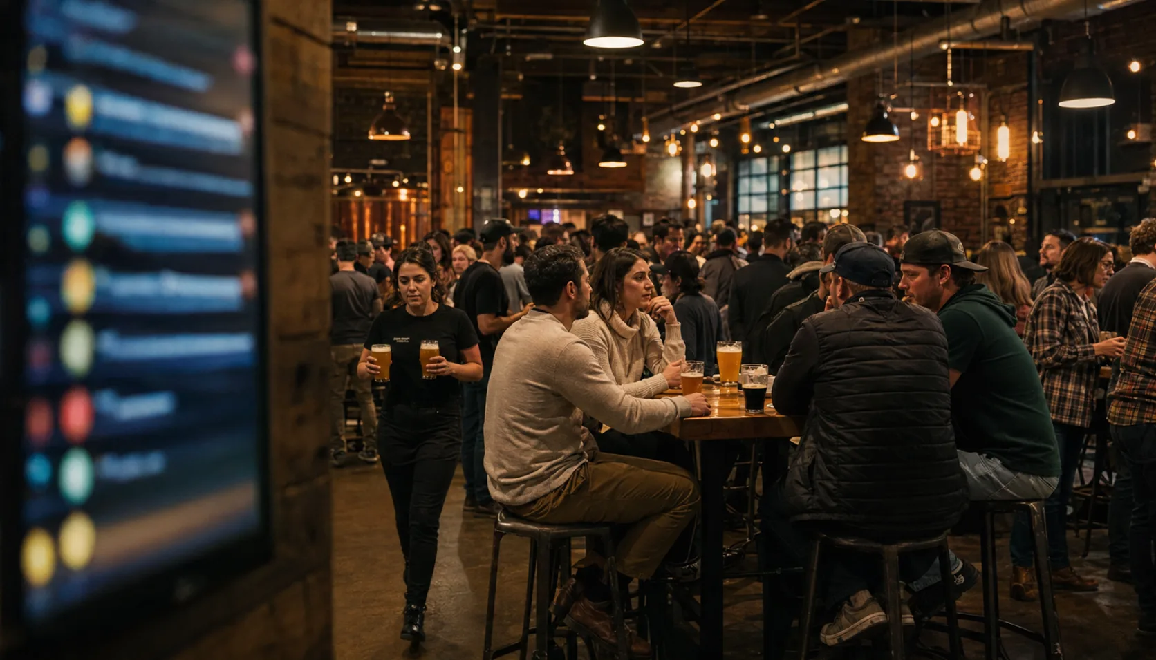 A packed taproom on a release night seen past a glowing wall-mounted menu screen blurred in the near foreground, guests crowded at high-tops under warm pendant lights.