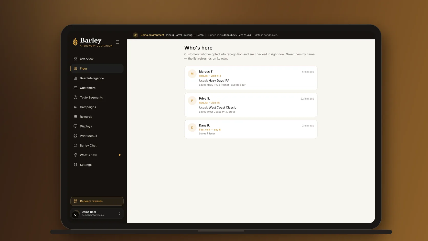 The Brewlytics Floor page on a laptop: who is checked in at the taproom right now, each guest's usual order, and how long they have been there.