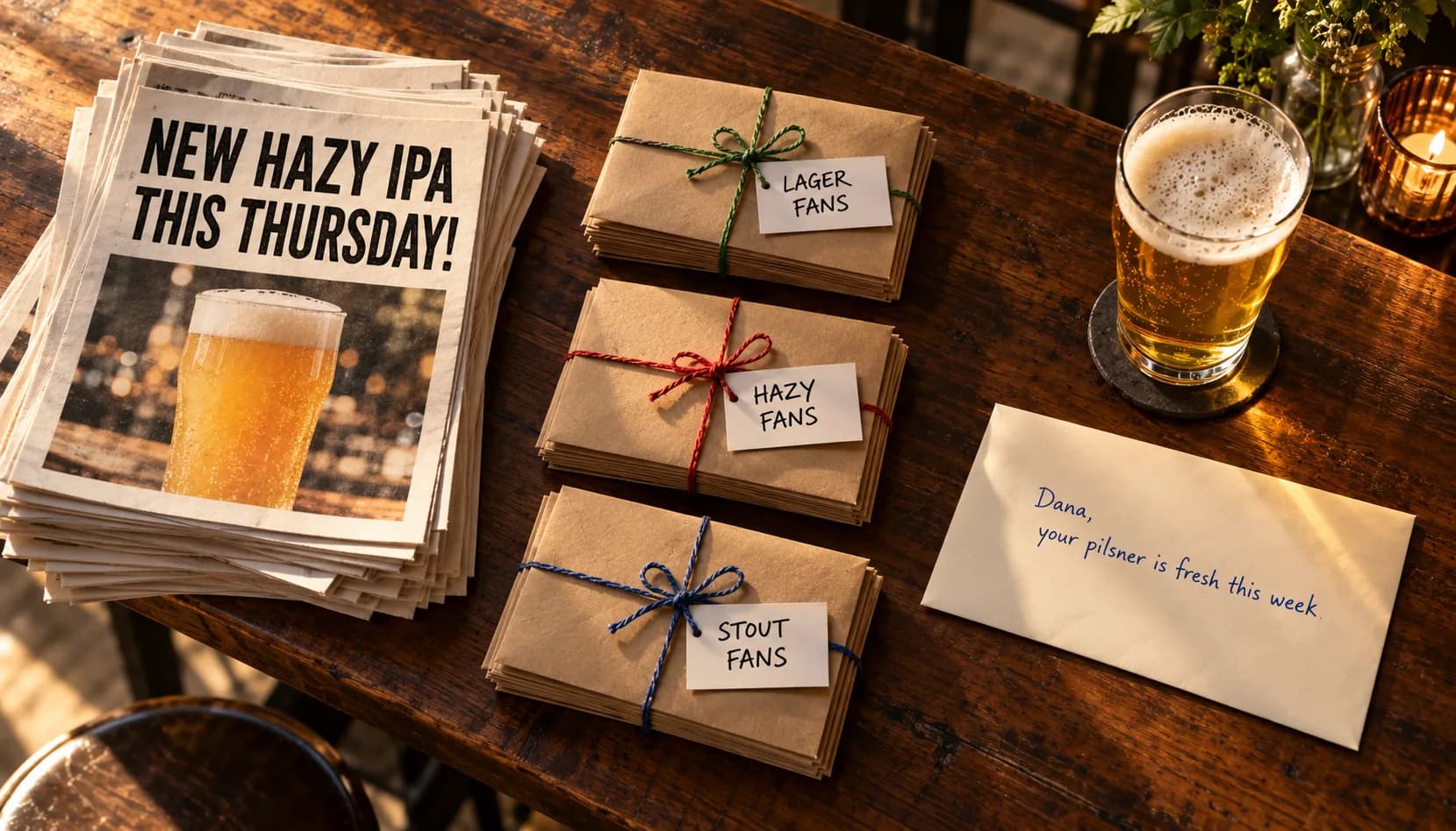 Overhead on a dark walnut bar: a stack of newsletters headlined "New Hazy IPA This Thursday!", three piles of kraft envelopes tied with string and labeled "Lager Fans", "Hazy Fans" and "Stout Fans", and one cream envelope beside a glass of golden lager, handwritten "Dana, your pilsner is fresh this week."