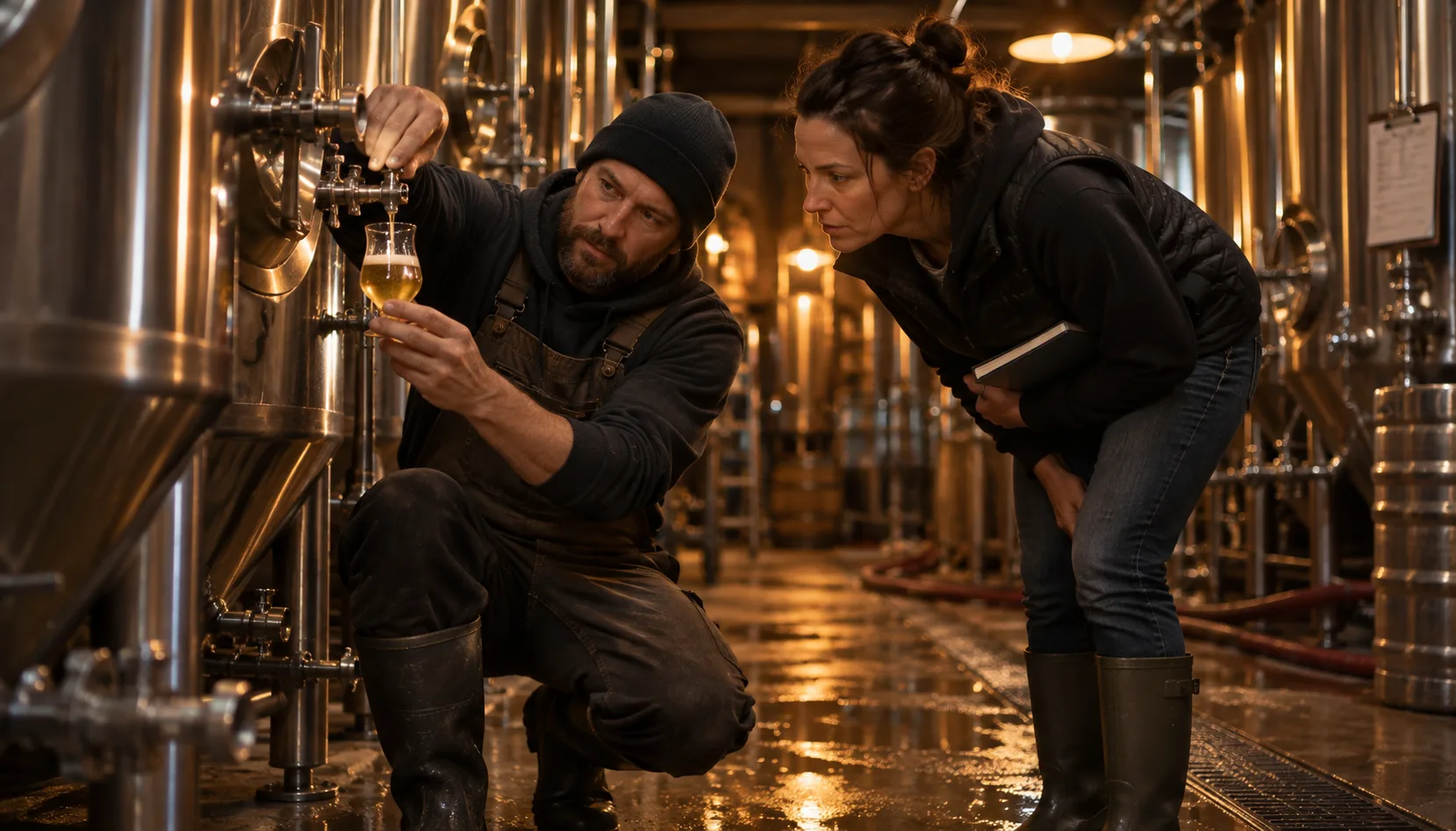 In a brewery cellar lined with steel tanks, a head brewer in a beanie crouches to pour a sample of pale lager from a tank valve while the taproom manager, notebook under her arm, leans in to check its clarity.
