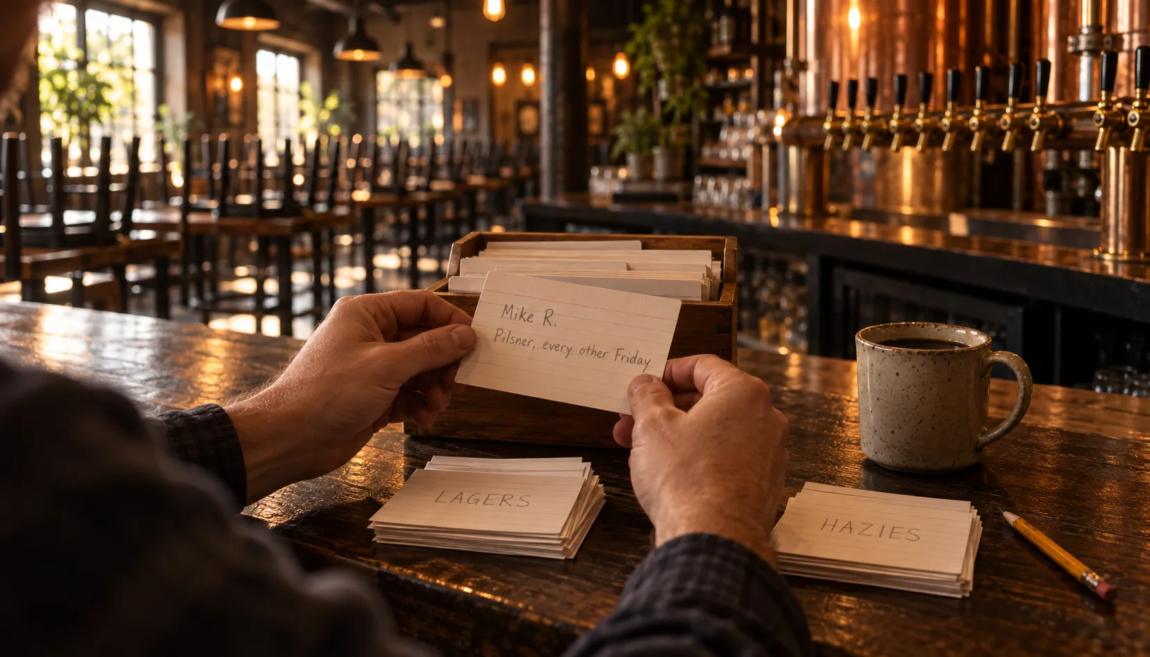 Morning prep in an empty taproom with chairs still upturned, as a pair of hands holds an index card reading "Mike R. Pilsner, every other Friday" over two piles labeled "Lagers" and "Hazies", beside a wooden card box, a pencil and a mug of coffee.