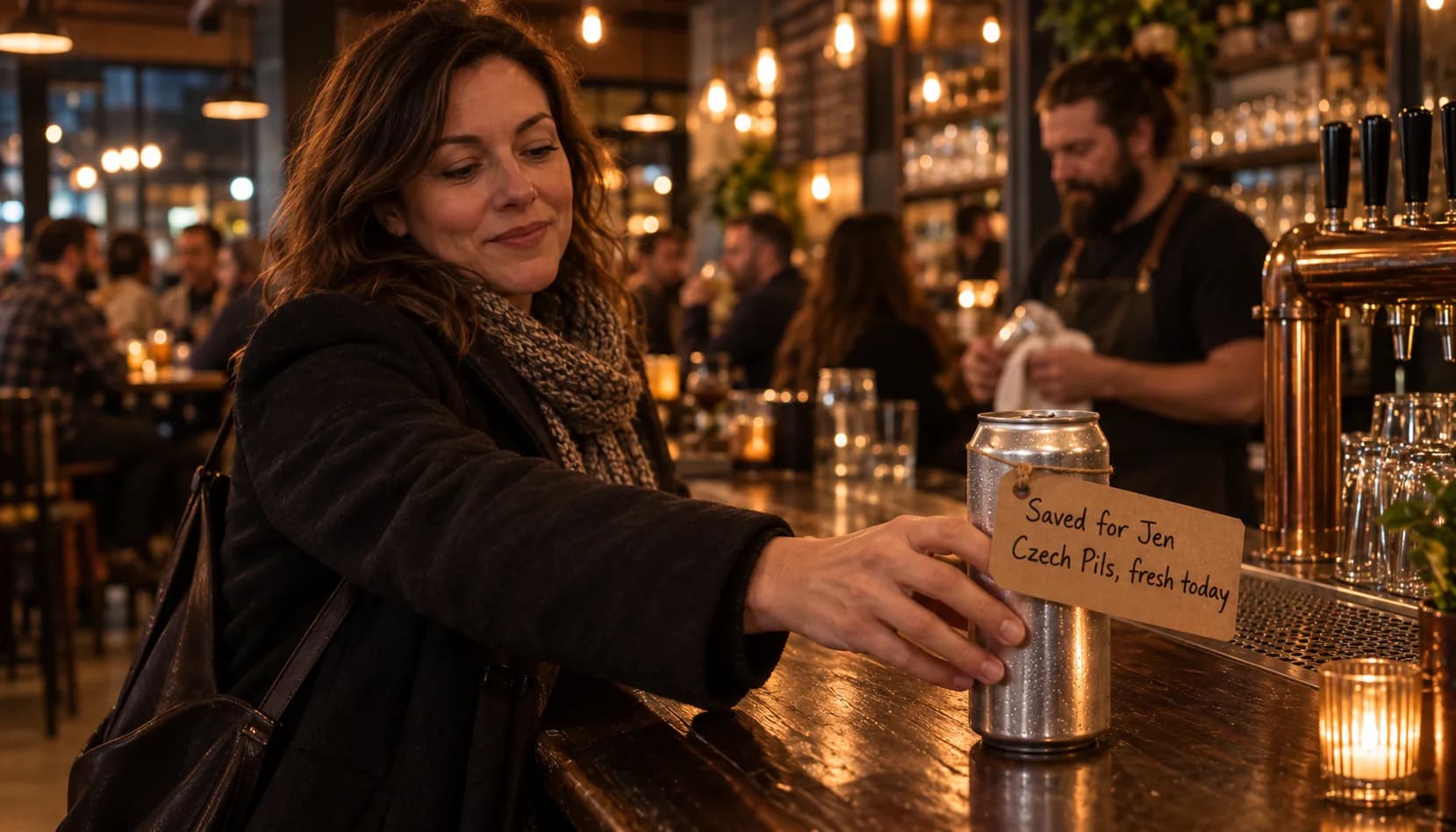 A guest in a winter coat reaches for a crowler set aside for her at the bar, its kraft tag handwritten "Saved for Jen, Czech Pils, fresh today," while the bartender dries a glass behind her.