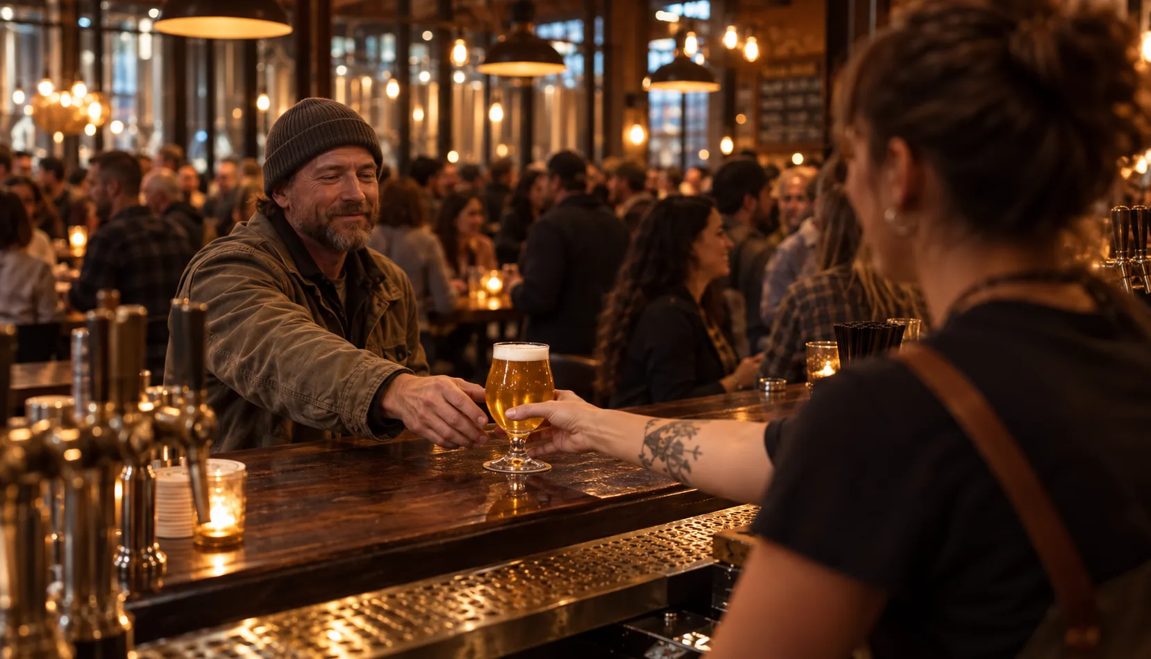 On a packed release night, a bartender's tattooed arm slides a tulip of golden pilsner across the bar to one regular in a knit beanie and canvas jacket, while the crowd behind him blurs into warm light.