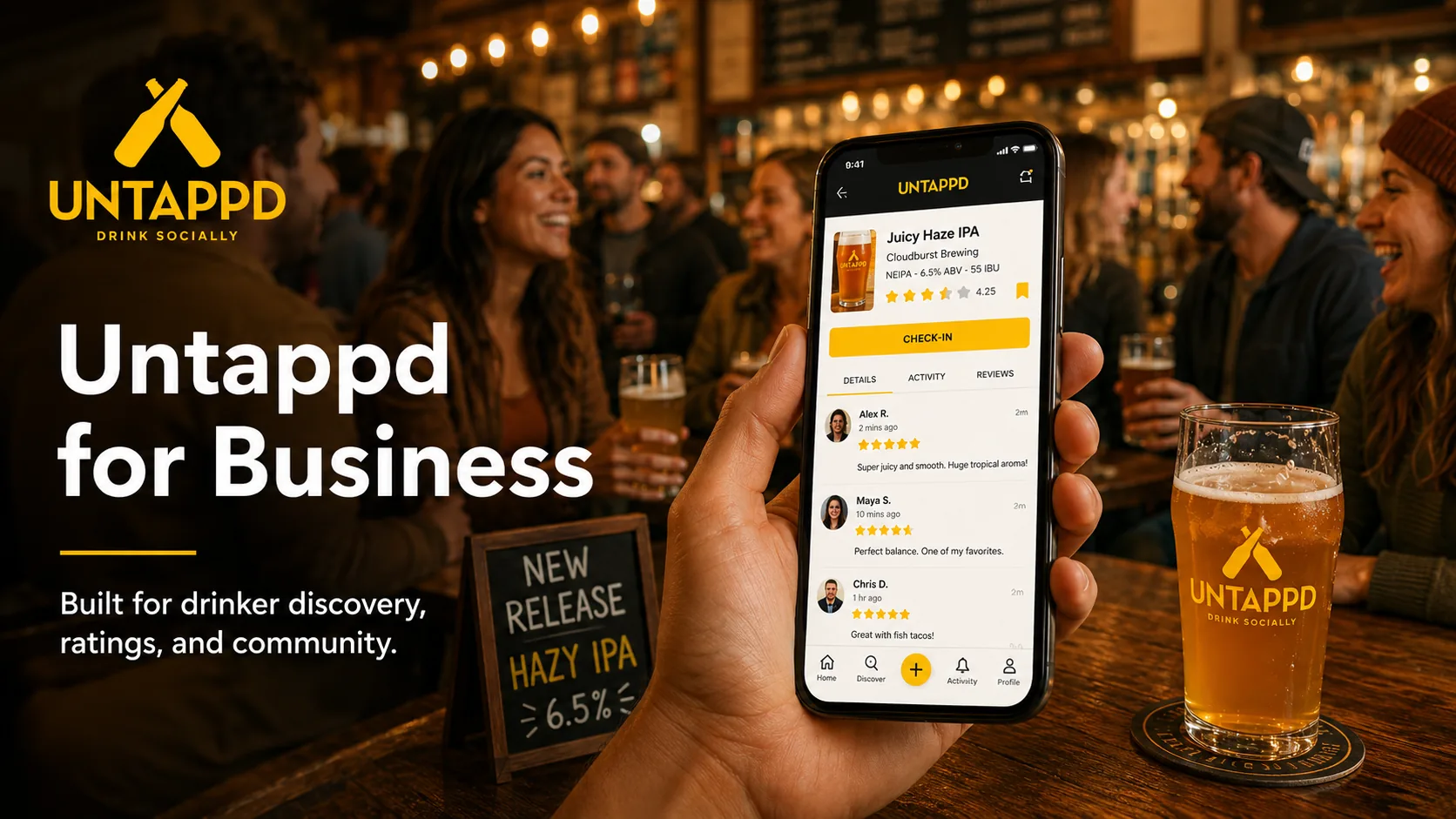 A busy taproom where a drinker checks in a hazy IPA on the Untappd app, ratings and reviews from other drinkers filling the screen.
