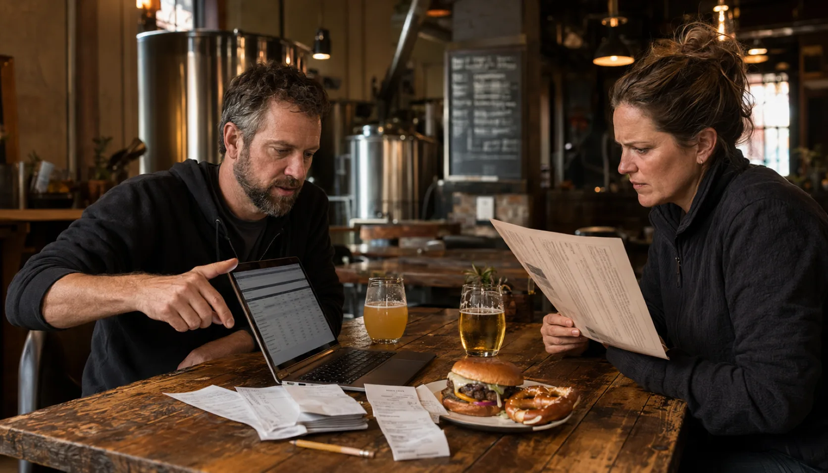 Two brewpub co-owners sit across a wooden table mid-conversation, one pointing at a laptop and the other reading a printed statement, with brewing tanks and a chalkboard kitchen menu blurred behind them.