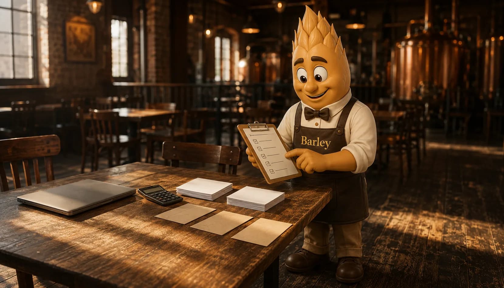 Barley stands beside a wooden table in an empty morning taproom, holding a clipboard and pointing at a row of check boxes on it.