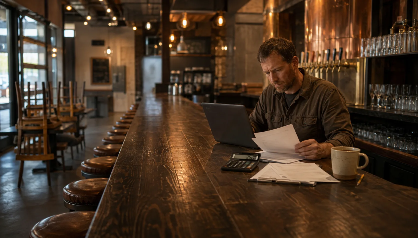 A brewery owner sits alone at the end of a long bar in an empty taproom at opening prep, a laptop, a pocket calculator and a fan of printed invoices spread in front of him.