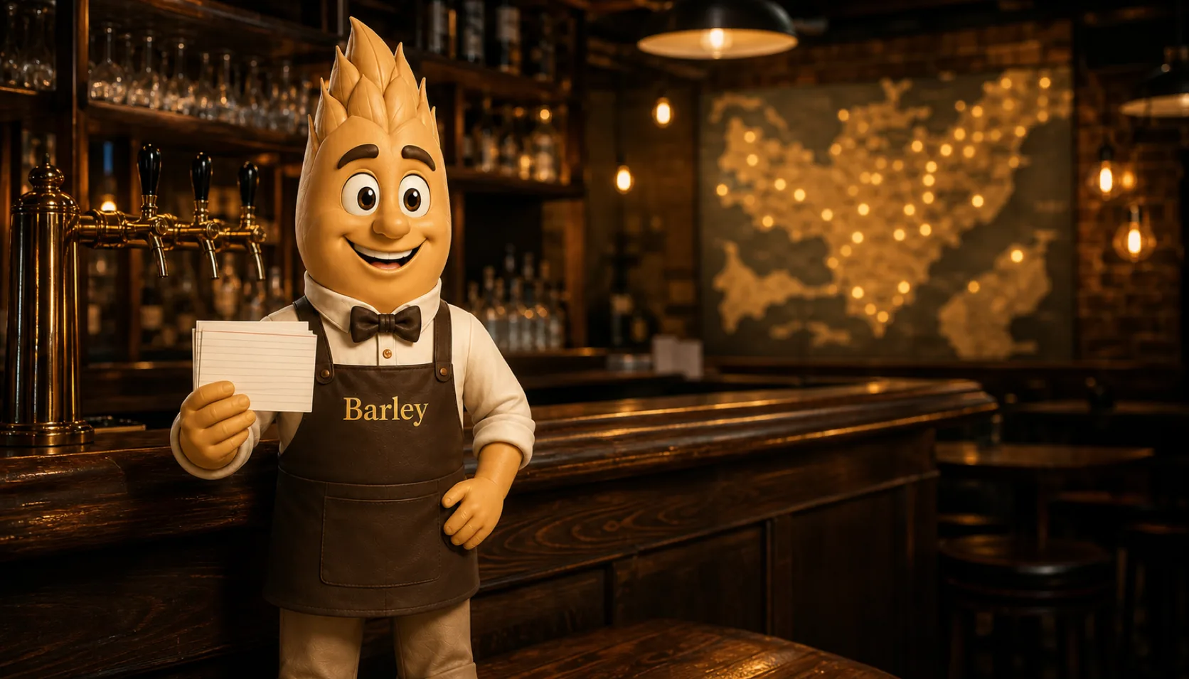 Barley stands at a taproom bar holding a small stack of guest cards while a large glowing regional map hangs softly out of focus on the wall behind him.