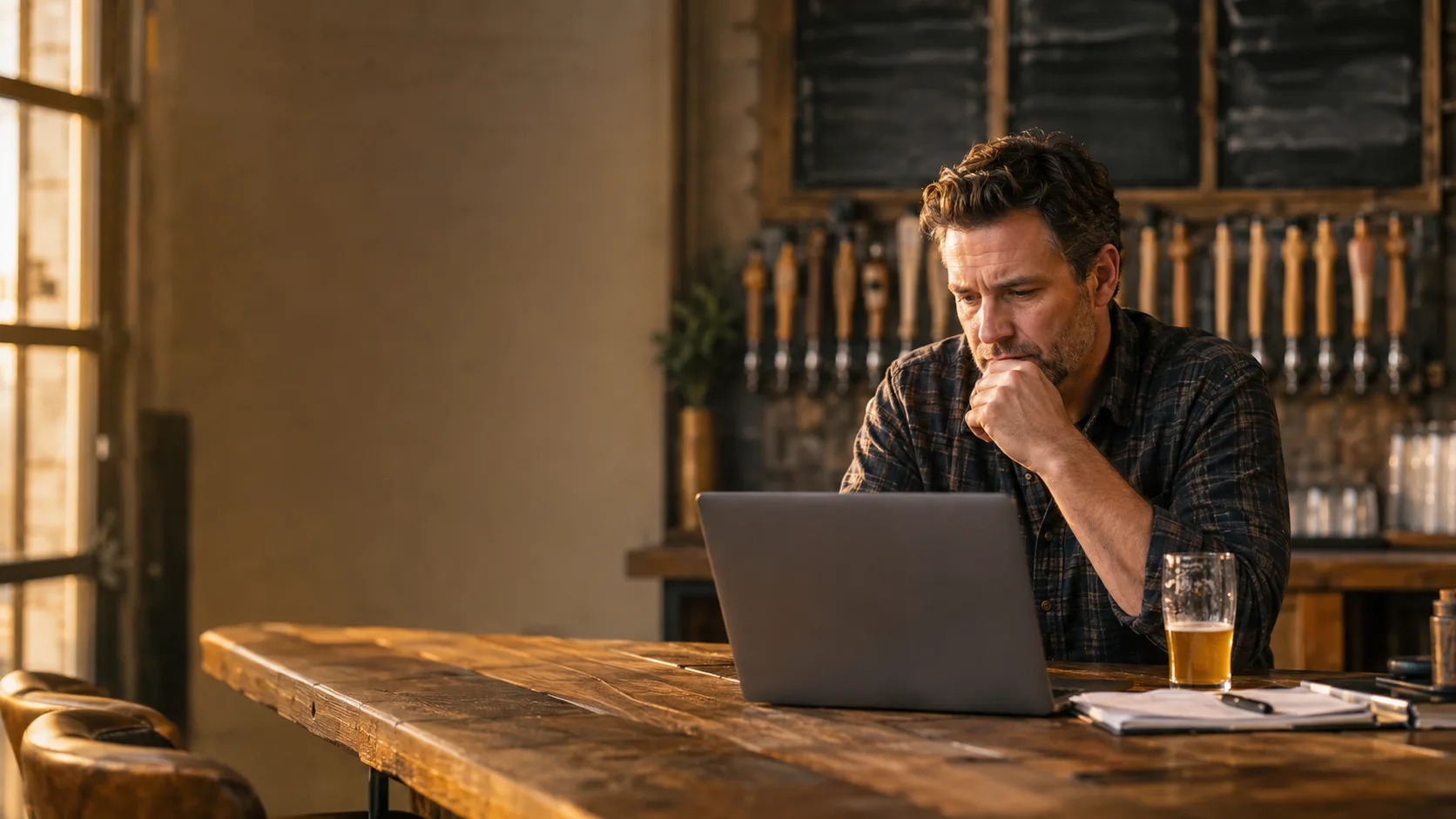 A brewery owner sits at a taproom bar studying a laptop with a thoughtful expression, a glass of beer beside them — the quiet moment of weighing a software cost decision.