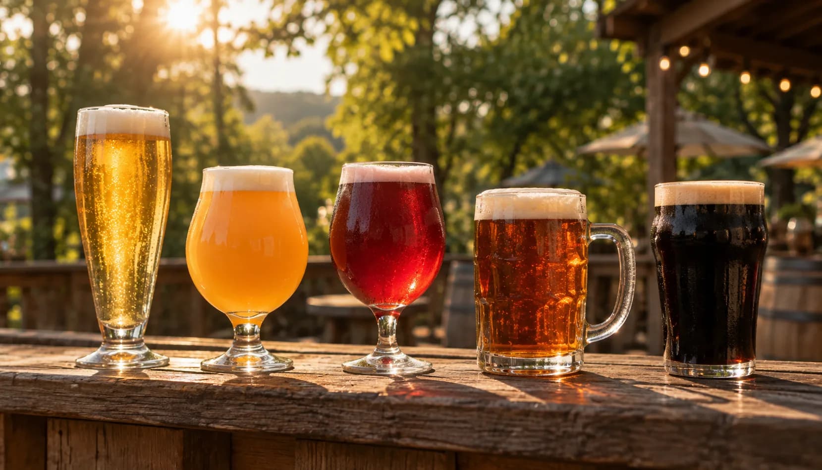 Five beers glowing in a row along a sunny patio railing, from pale straw pilsner through hazy orange IPA, ruby sour and copper lager to black stout, each in a different glass.