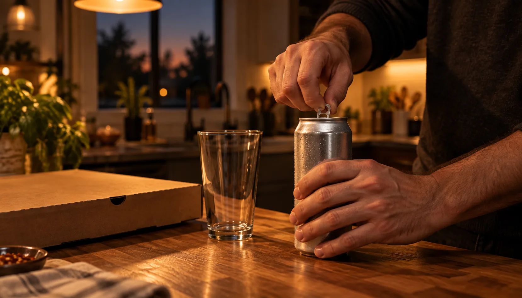 Hands open a tall can of pale lager on a butcher-block kitchen counter beside a takeout pizza box and an empty pint glass, dusk in the window behind.