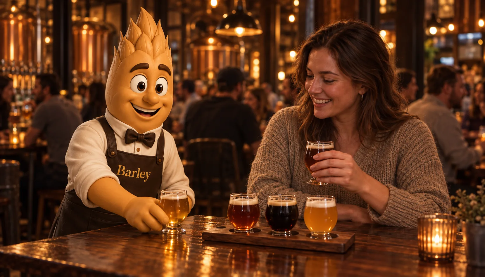 Barley slides a small taster of golden beer across a high-top table to a smiling woman in a knit sweater who holds another taster, with three more tasters on a paddle between them.