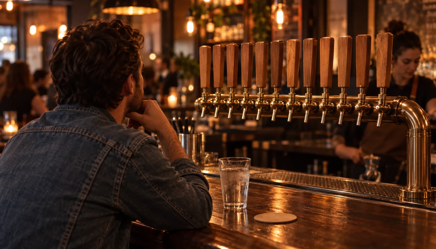 Seen from behind, a guest in a denim jacket sits at a taproom bar with a glass of water, chin on hand, studying a long row of twelve wooden tap handles.