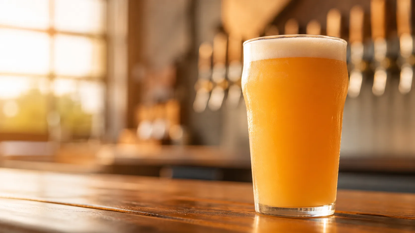 A glass of cloudy, orange-hued hazy IPA glowing in warm light on a taproom bar, with a soft white head and condensation on the glass.