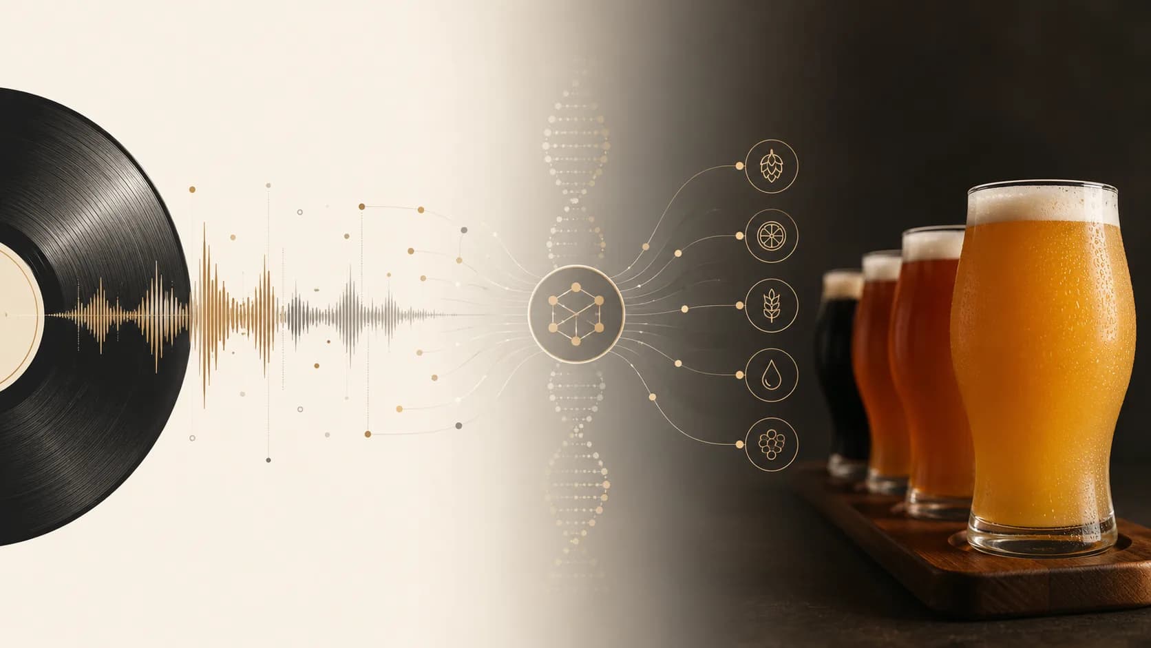 A vinyl record on the left with an audio waveform flowing rightward into a central attribute node, which branches out to small icons (hops, malt, yeast, mouthfeel, freshness) and resolves into a flight of beer pours on the right — the Music Genome Project applied to craft beer.