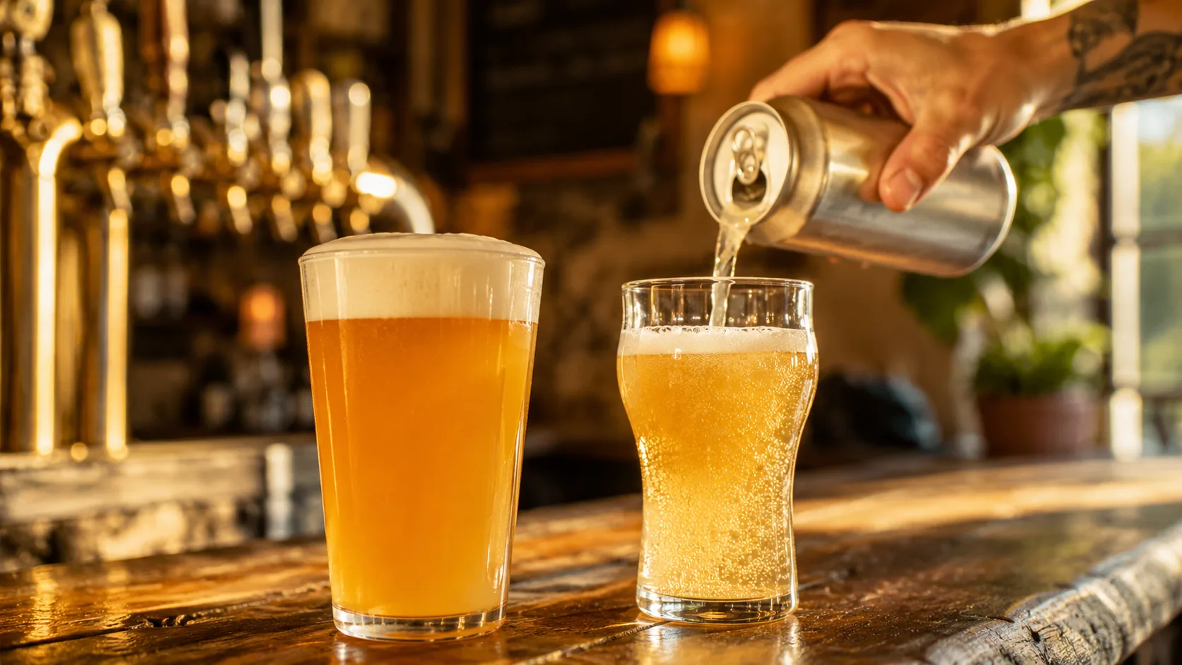 The same beer side by side — a draft pour in a glass next to a freshly cracked can — on a warm taproom bar.
