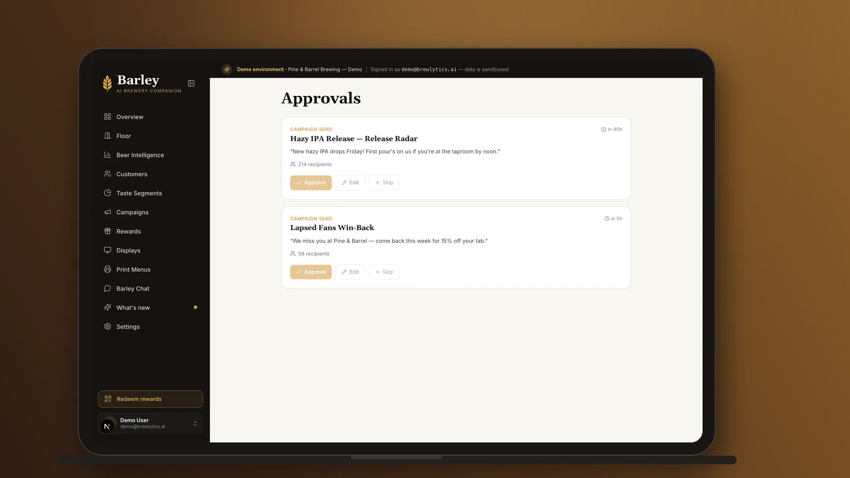 The Brewlytics campaign approvals page on a laptop: a Release Radar text for a Hazy IPA release and a lapsed-fans win-back, each with its audience count and approve or skip buttons.