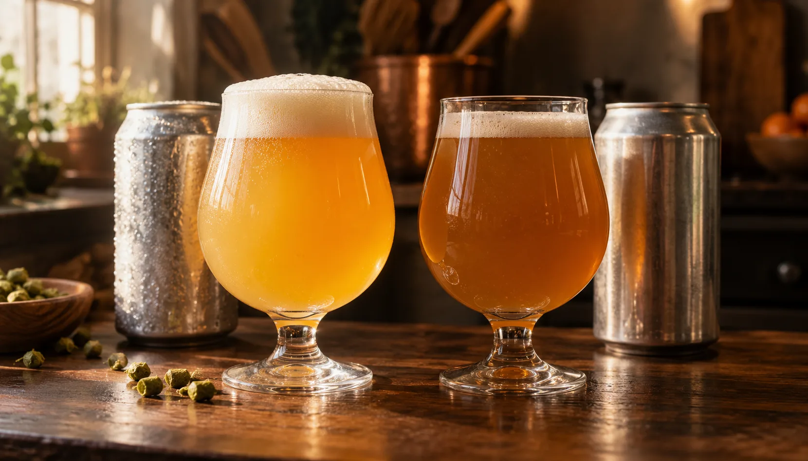 On a kitchen counter, a bright hazy IPA with a thick white head and a sweating cold can sits beside a duller, flatter glass of the same beer with a warm dry can.