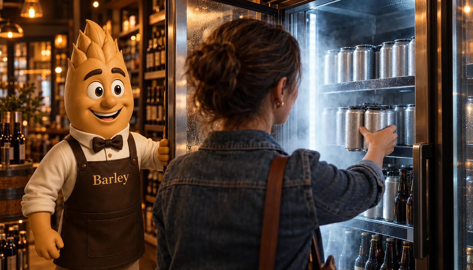 Over a shopper's shoulder, Barley holds open the misty door of a bottle shop cooler while she reaches in for cold silver cans.