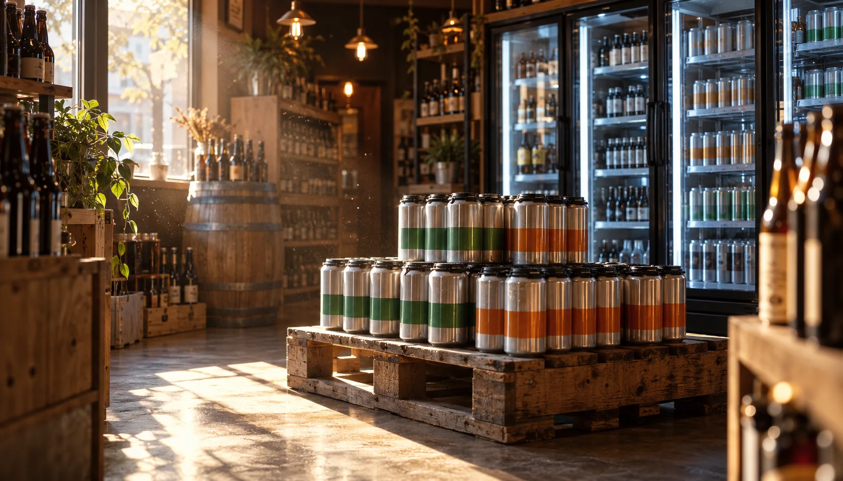 In a bottle shop, four-packs of IPA in plain silver cans sit stacked on a pallet in a hot shaft of window sunlight, while a wall of glass-door coolers glows cold behind them.