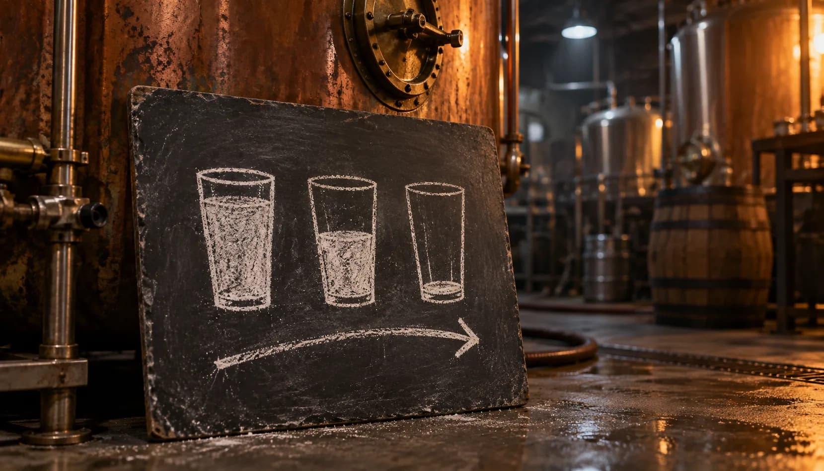 A slate chalkboard leaning against a copper brite tank, chalked with three pint-glass outlines in a row — full, half, then nearly empty — above a sweeping arrow.