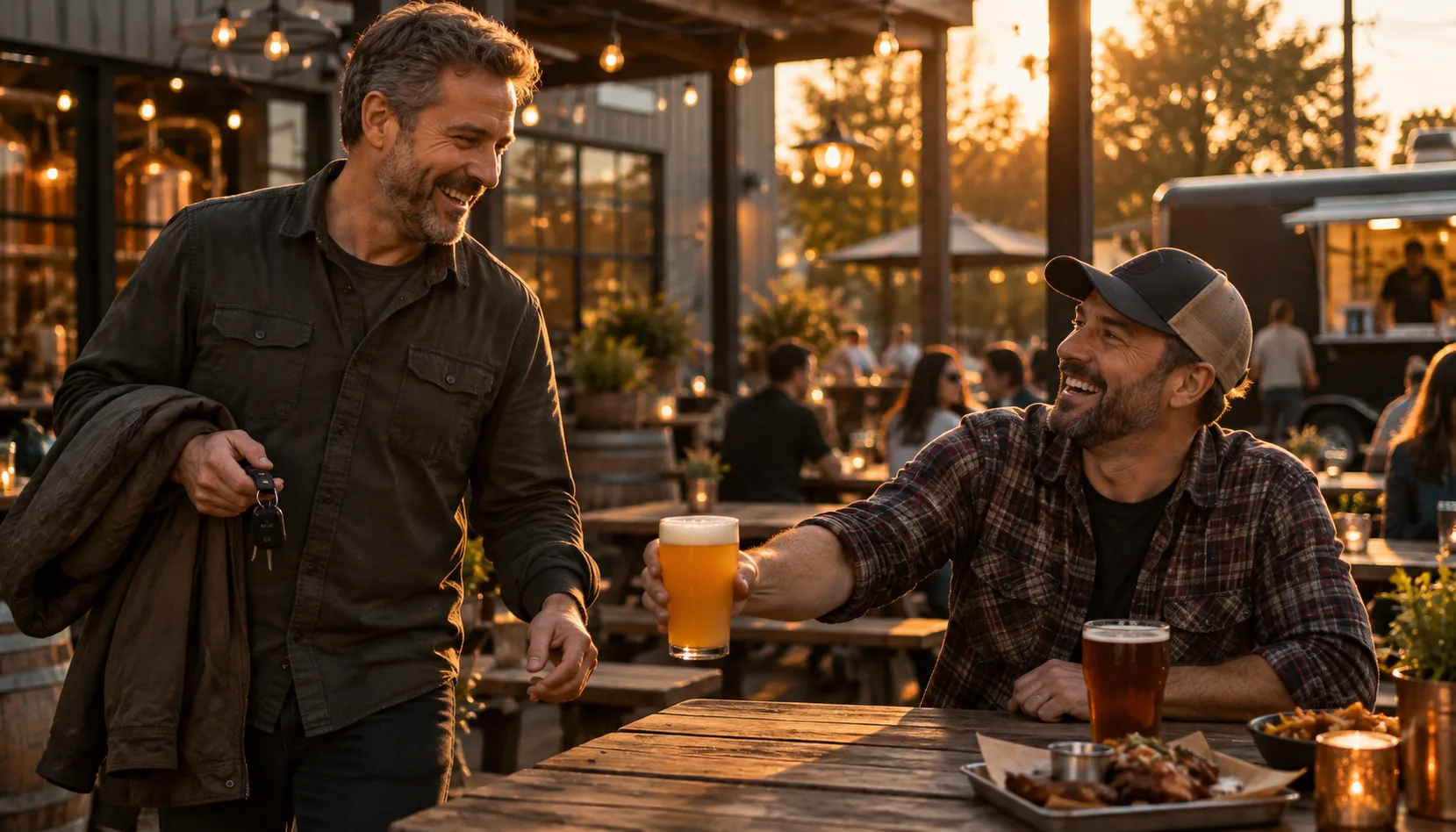 Two friends on a brewery patio at golden hour, one arriving with car keys and a jacket in hand while the other holds out a freshly poured hazy pint across a picnic table.