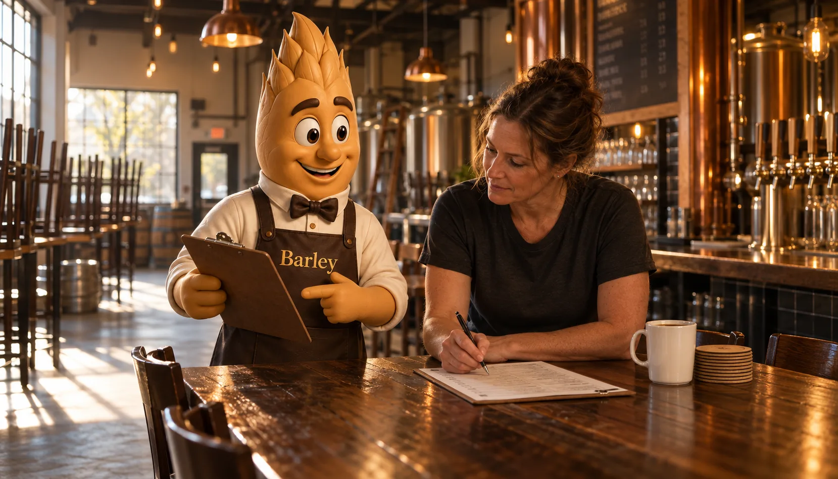 Barley points at a clipboard beside a taproom manager making notes on a paper tap list, in an empty taproom at morning prep with the house lights up and chairs still stacked.