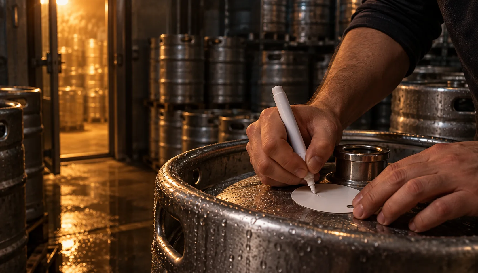 A cellar worker's hands writing a date onto a blank paper collar tag on a condensation-covered keg inside a brewery walk-in, with stacked kegs behind and warm light spilling through the open cooler door.