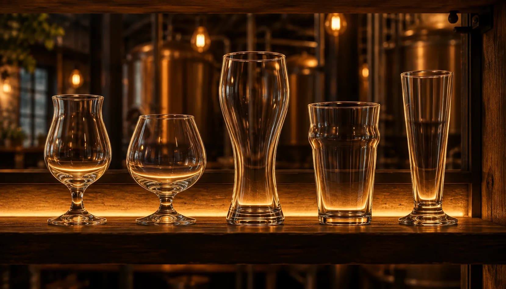 Five clean empty beer glasses on a backlit wooden shelf in near-silhouette: a tulip, a snifter, a tall curvy wheat beer vase, a nonic pint with a bulge near the rim, and a narrow pilsner glass.