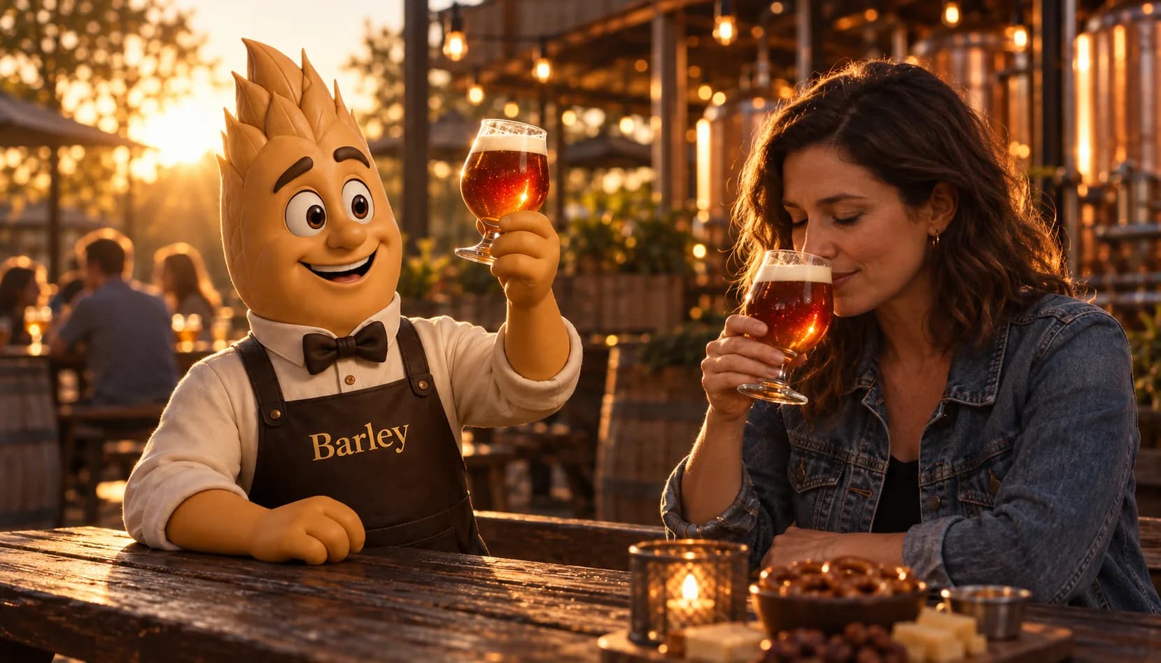 Barley holds a stemmed tulip glass of amber ale up to the golden-hour light on a brewery patio while a woman beside him in a denim jacket takes a slow sniff from her own tulip glass.