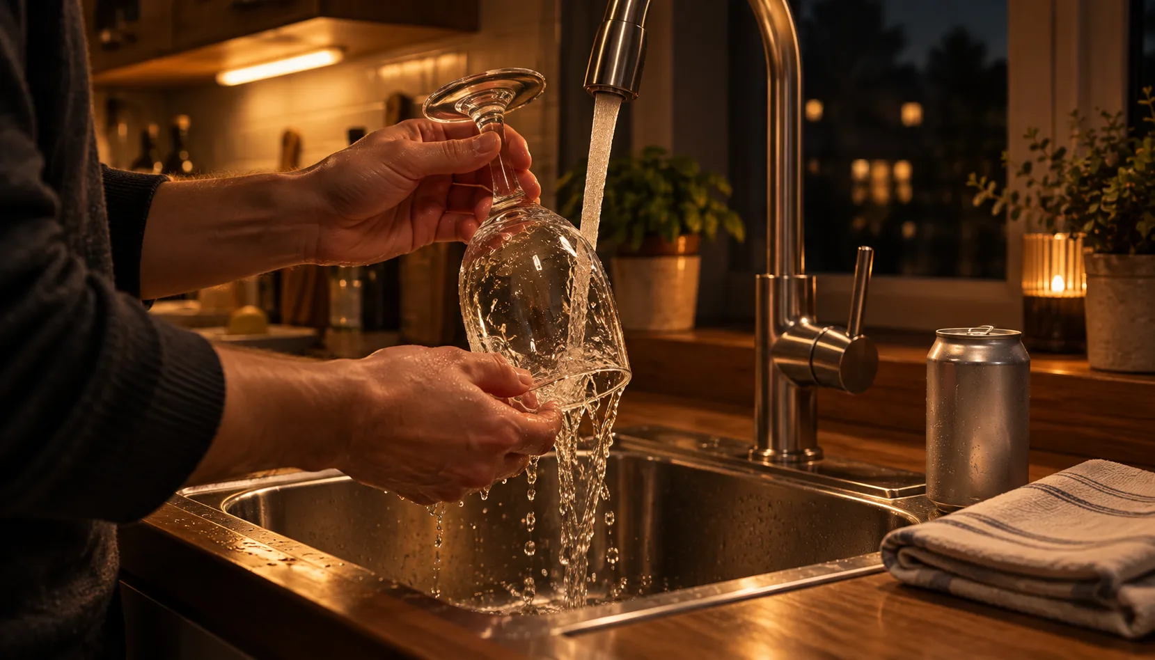 Close on a person's hands rinsing an upside-down tulip glass under cold running tap water at a kitchen sink, with a plain unopened can of beer and a folded towel on the counter beside it.
