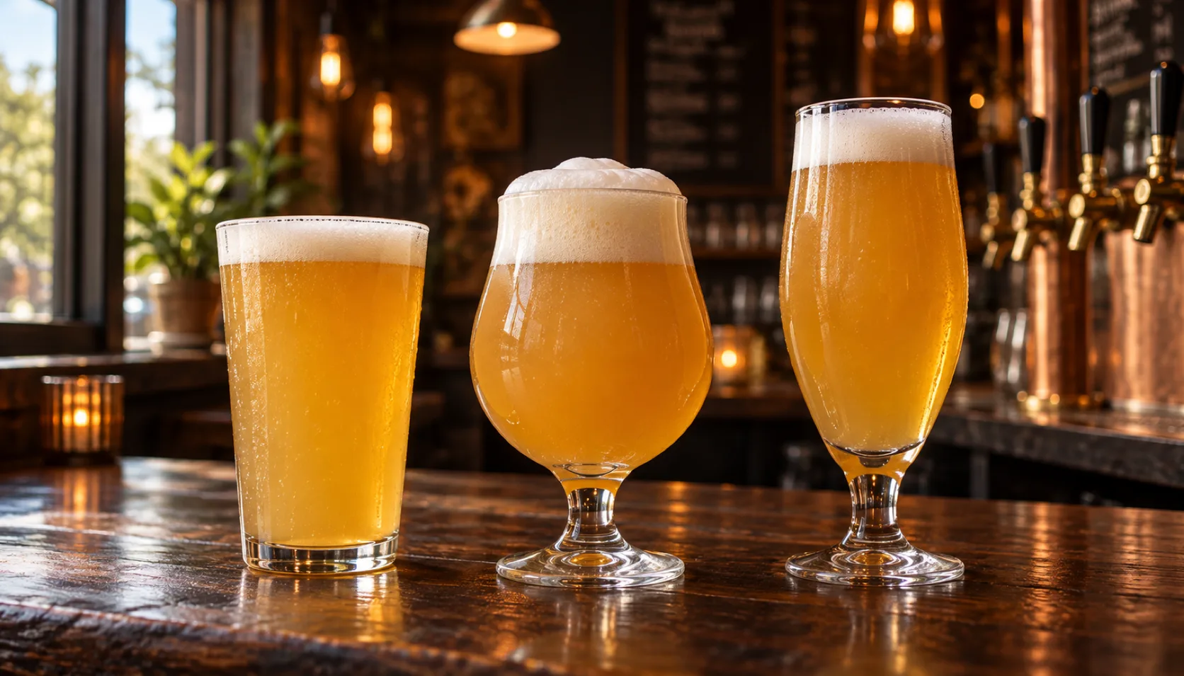 The same hazy golden IPA poured into a straight pint glass, a stemmed tulip with a tall domed head, and a stemmed pilsner glass, side by side on a dark wood bar by a sunny window.